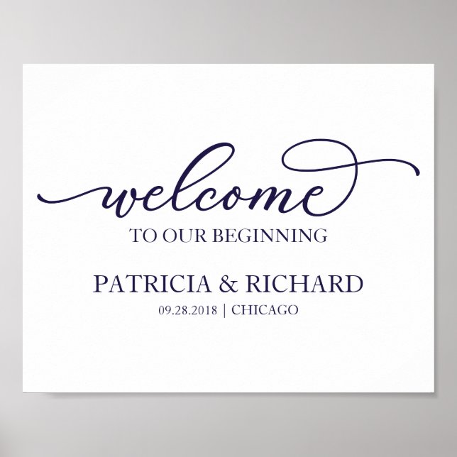 Welcome To Our Beginning Chic Navy Blue Sign (Front)