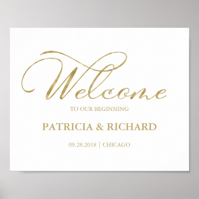 Welcome To Our Beginning Elegant Gold Foil Sign (Front)