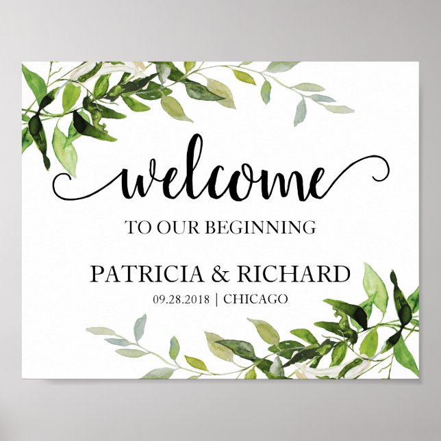 Welcome To Our Beginning Elegant Greenery Wedding Poster (Front)