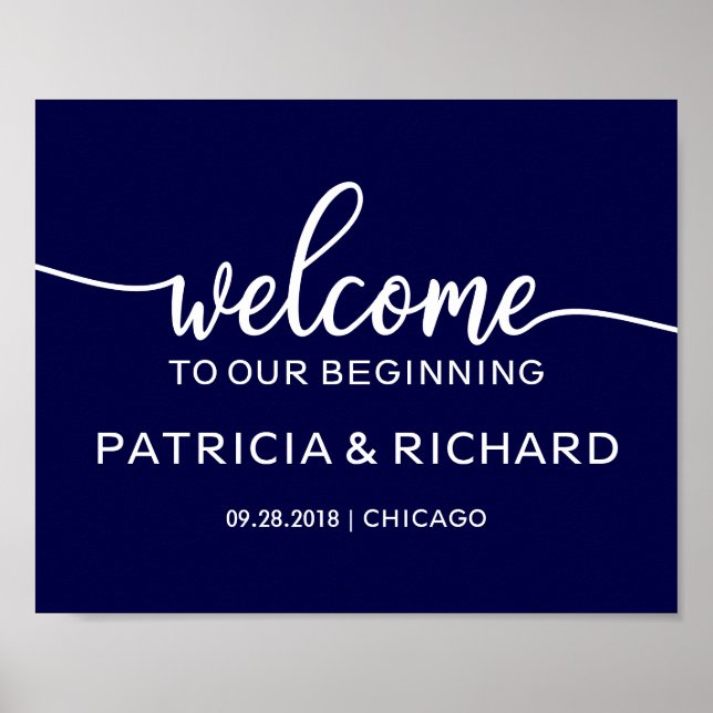 Welcome to Our Beginning Navy Blue Wedding Sign (Front)