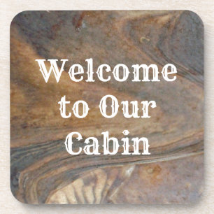 Welcome to Our Cabin Brown Woodgrain Photo Rental Coaster
