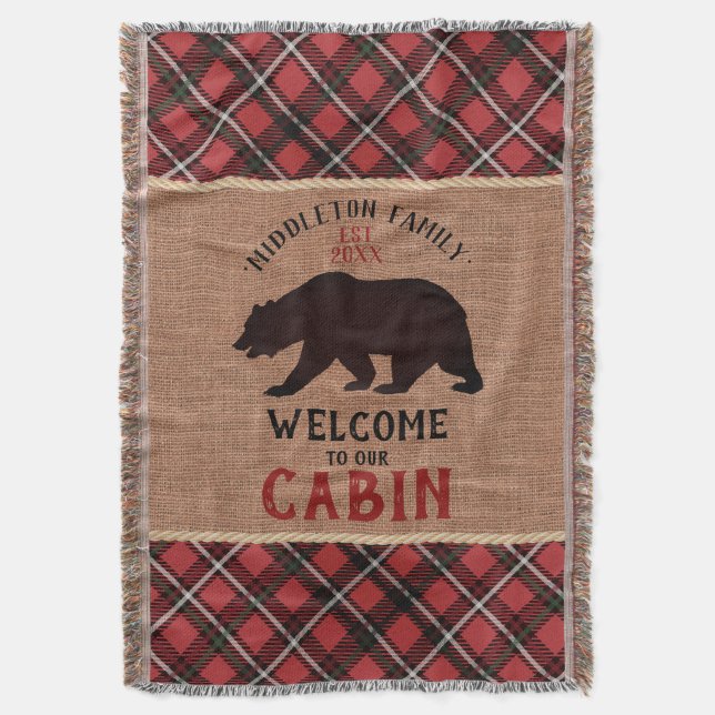 Welcome to our Cabin in a Burlap and Plaid  Throw Blanket (Front Vertical)