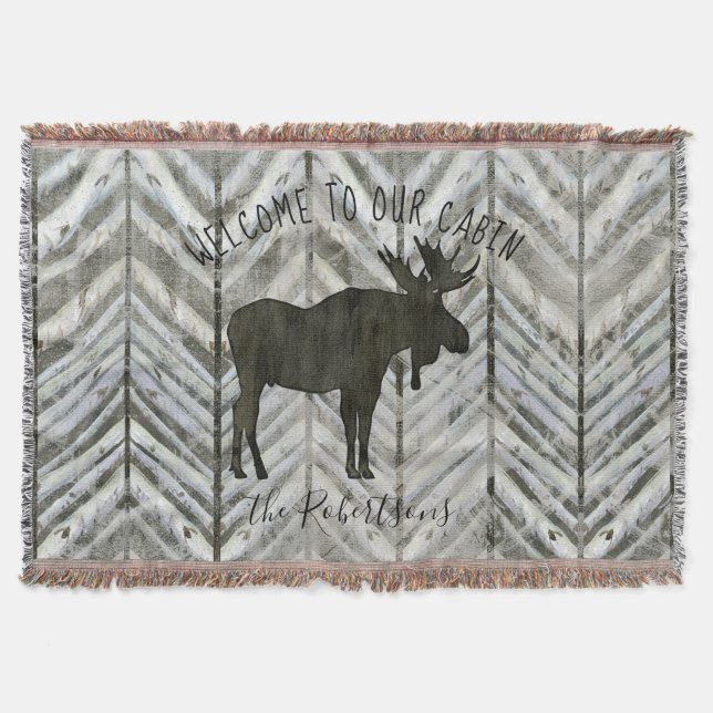 Welcome to our Cabin Moose Rustic Lodge Family Throw Blanket (Front)