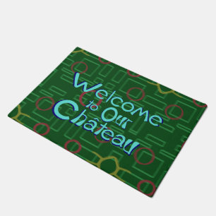 Welcome to Our Chateau Blue Letters Green Door Mat