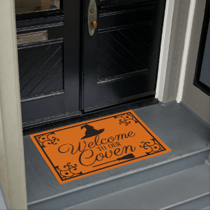 Welcome To Our Coven Witch Hat & Broom Doormat