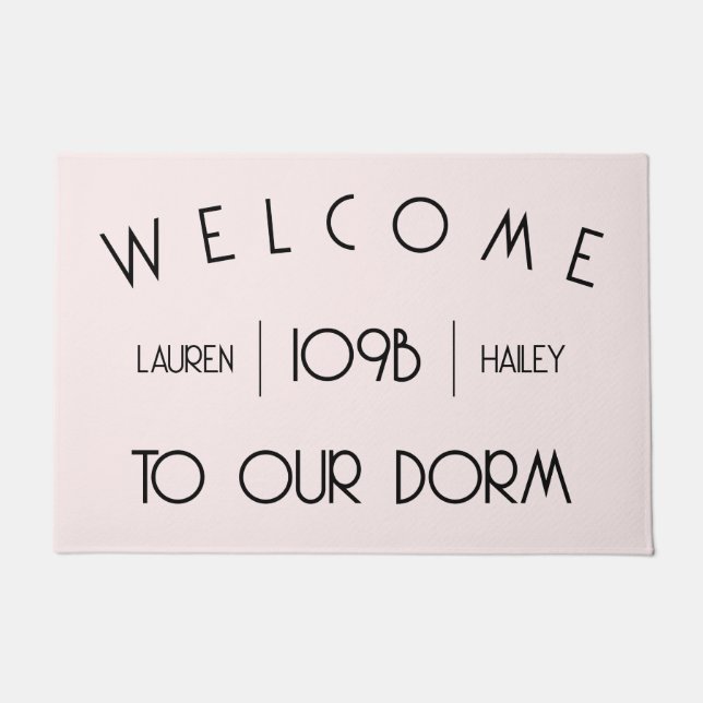 "Welcome to our Dorm" Custom Names and Room# Dorm Doormat (Front)