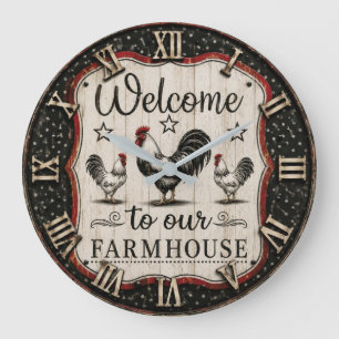 Welcome to Our Farmhouse Rustic Rooster & Hen Large Clock