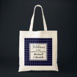 WELCOME to our Hanukkah Celebration Custom Tote Bag<br><div class="desc">A great welcome gift for your guests at your HANUKKAH Celebration. Design shows silver-grey Star of David in a tiled pattern against a deep blue background, and a centre panel where you can customise your greeting, event and add your name(s) or text. This would be an ideal way to say...</div>