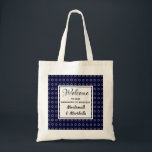 WELCOME to our Hanukkah Celebration Custom Tote Bag<br><div class="desc">A great welcome gift for your guests at your HANUKKAH Celebration. Design shows silver-grey Star of David in a tiled pattern against a deep blue background, and a centre panel where you can customise your greeting, event and add your name(s) or text. This would be an ideal way to say...</div>