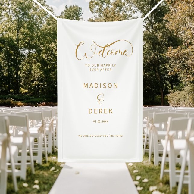 Welcome to our happily ever after! banner (Welcome to our happily ever after! White Banner. Personalized with your name and date. )