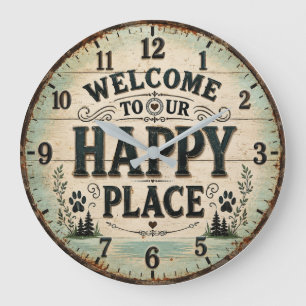 Welcome to Our Happy Place Rustic Farmhouse Large Clock