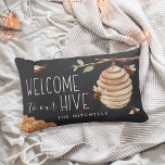 Welcome to Our Hive Personalised Lumbar Cushion<br><div class="desc">Welcome guests with this cute bee themed lumbar throw pillow featuring watercolor illustrations of honeybees,  honeycomb and a hive,  with "welcome to our hive" in ivory lettering. Personalise with your family name along the bottom.</div>