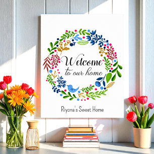 Welcome to our Home Green Black Floral Typography Poster