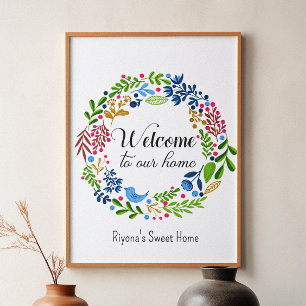 Welcome to our Home Green Black Floral Typography Poster
