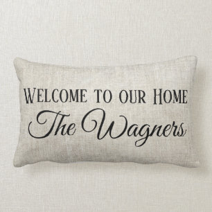 Welcome to our Home on linen look personalise Lumbar Cushion