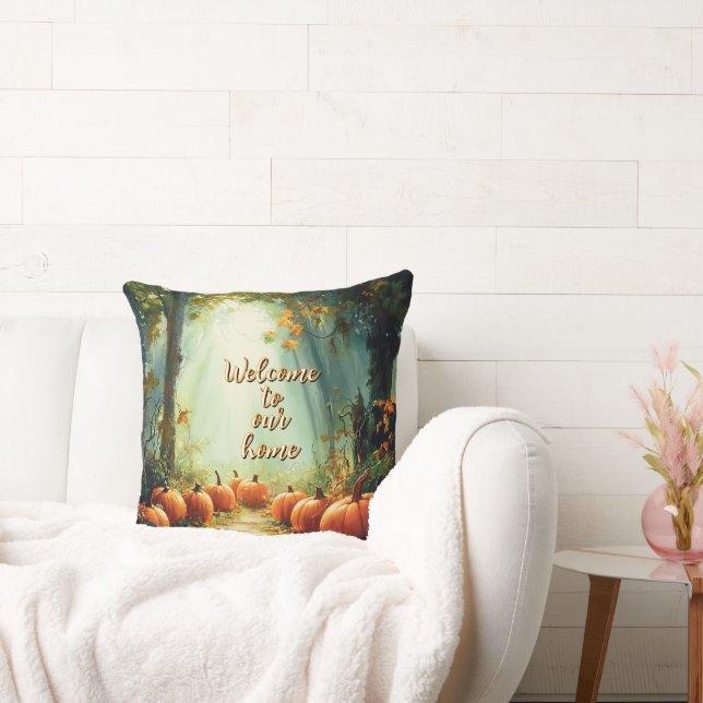 "Welcome to our home" Pretty Pumpkin Autumn Cushion (Couch)