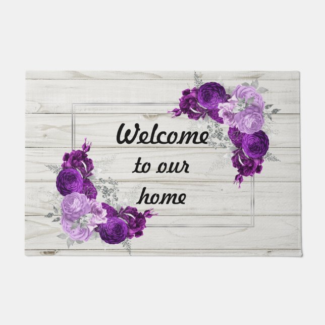 Welcome to our home purple floral  doormat (Front)