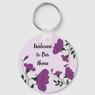 Welcome to Our Home Purple Floral Rental Guest Key Key Ring