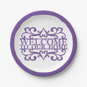 Welcome To Our Home Quote Purple White Party Paper Plate