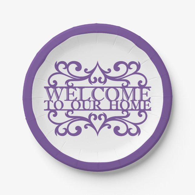 Welcome To Our Home Quote Purple White Party Paper Plate (Front)