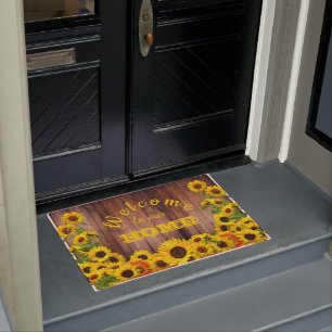 Welcome to our Home Yellow Sunflowers Rustic Wood  Doormat