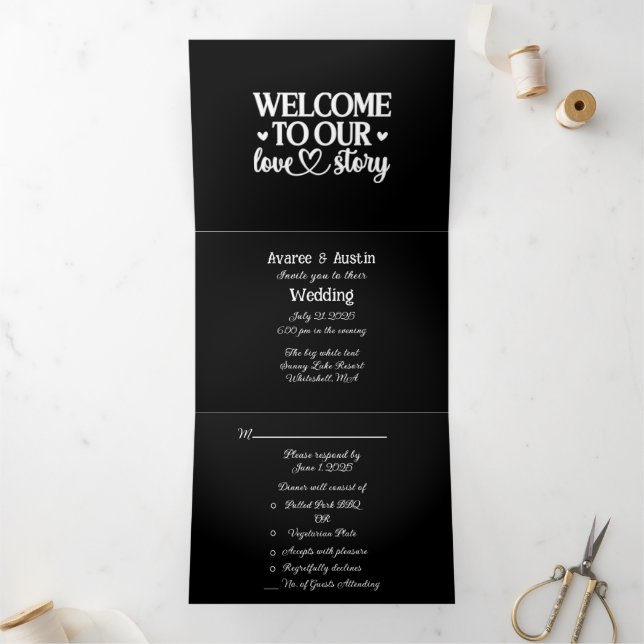 Welcome to our Love Story Black and White Wedding  Tri-Fold Invitation (Inside)
