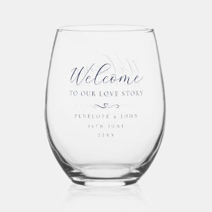 Welcome to Our Love Story Elegant Script Wedding Stemless Wine Glass