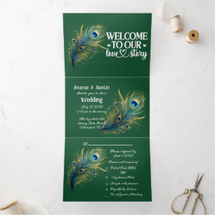 Welcome to our Love Story Peacock Dark Green Tri-Fold Invitation