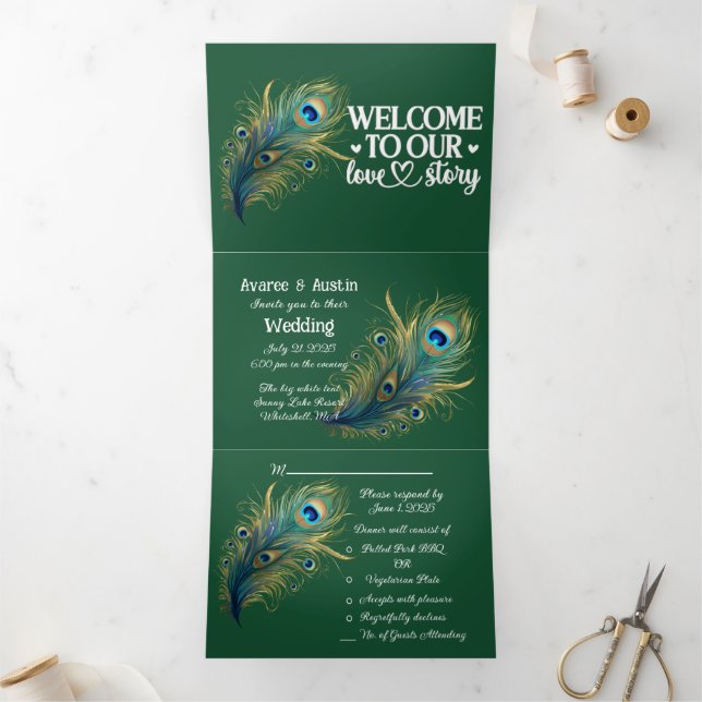 Welcome to our Love Story Peacock Dark Green Tri-Fold Invitation (Inside)