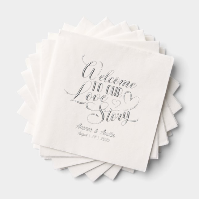 Welcome To Our Love Story Wedding Foil Napkins (Insitu (Stacked))