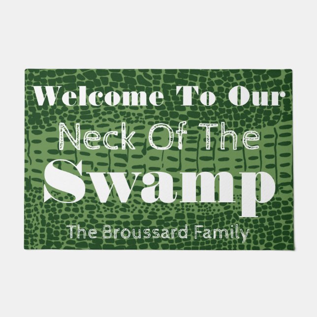 Welcome To Our Neck of The Swamp Gator Family Name Doormat (Front)