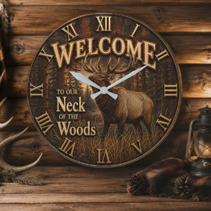 Welcome to Our Neck of the Woods Elk Cabin Large Clock
