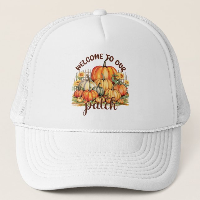 Welcome to Our Patch – Cosy Pumpkin Patch Trucker Hat (Front)