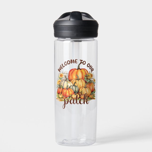 Welcome to Our Patch – Cosy Pumpkin Patch Water Bottle (Front)