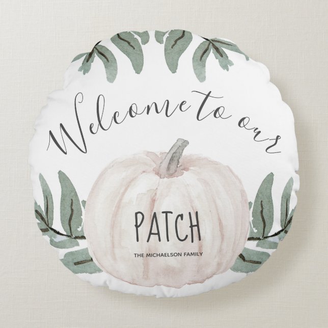 Welcome to our Patch with Name Autumn Pumpkins Round Cushion (Front)