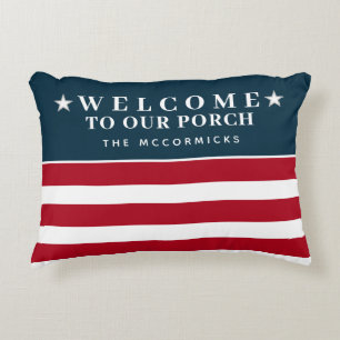 Welcome To Our Porch American Flag Family Monogram Decorative Cushion