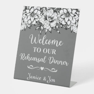 Welcome to Our Rehearsal Dinner Dark Floral Pedestal Sign