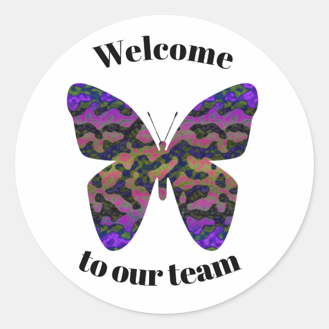 Welcome to Our Team Vibrant Butterfly New Employee Classic Round Sticker (Front)