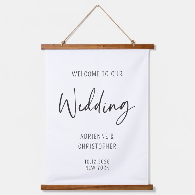 Welcome To Our Wedding Black Calligraphy Hanging Tapestry (Front)
