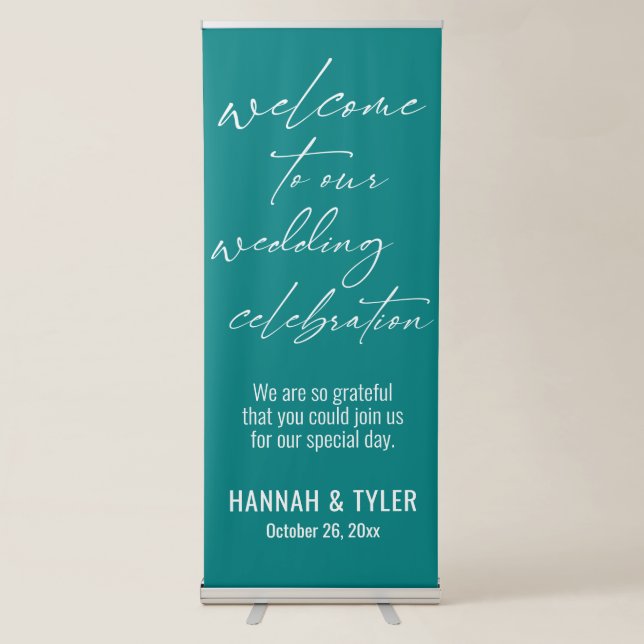 Welcome to Our Wedding Celebration Teal Retractable Banner (Front)
