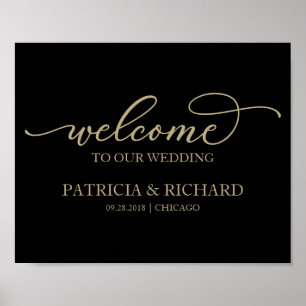 Welcome To Our Wedding Chic Gold Script Black Sign