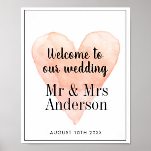 Welcome to our wedding coral watercolor heart poster