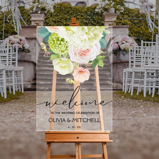 Welcome to Our Wedding Floral  Acrylic Sign (Welcome to Our Wedding floral clear acrylic sign with hydrangeas, roses and daisies)