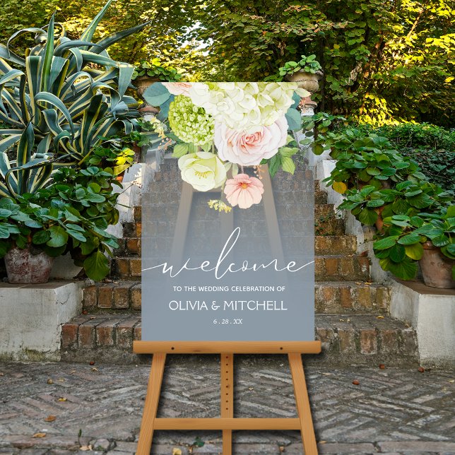 Welcome to Our Wedding Floral  Acrylic Sign (Welcome to Our Wedding clear acrylic sign with a floral bouquet at the top)