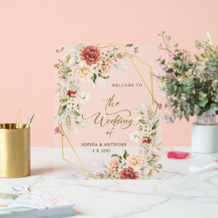 Welcome to Our Wedding Foliage Gold Geometric  Acrylic Sign