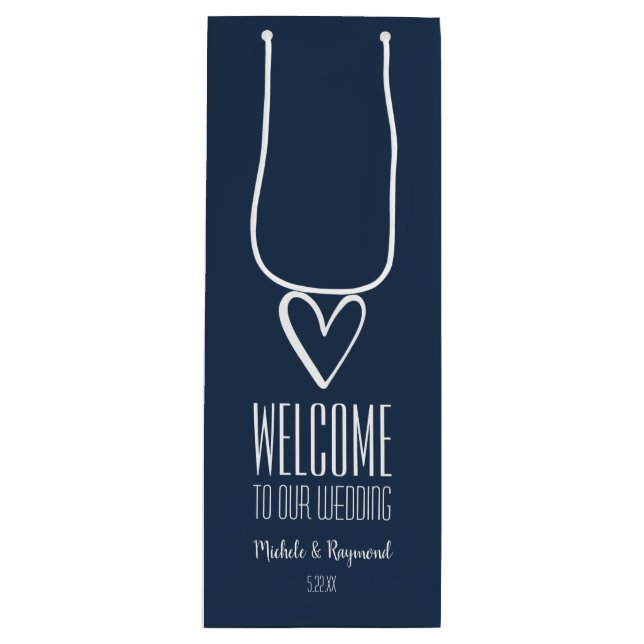 Welcome to Our Wedding Navy Blue Wine Gift Bag (Front)