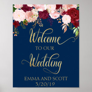 Welcome To Our Wedding Navy Burgundy Gold Poster