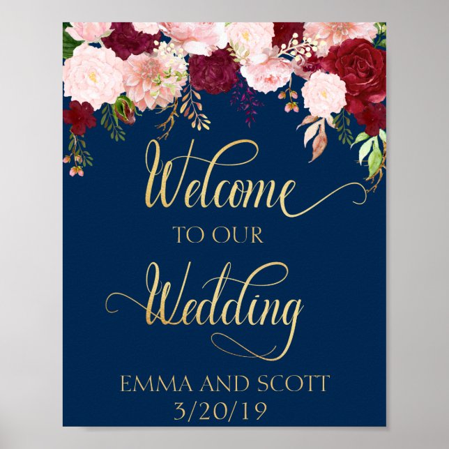 Welcome To Our Wedding Navy Burgundy Gold Poster (Front)