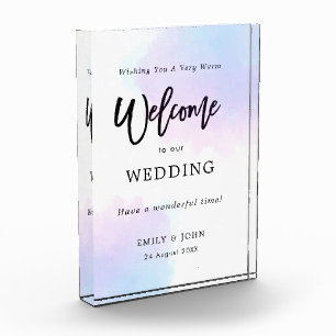 Welcome To Our Wedding Pastel Lilac Watercolor Photo Block