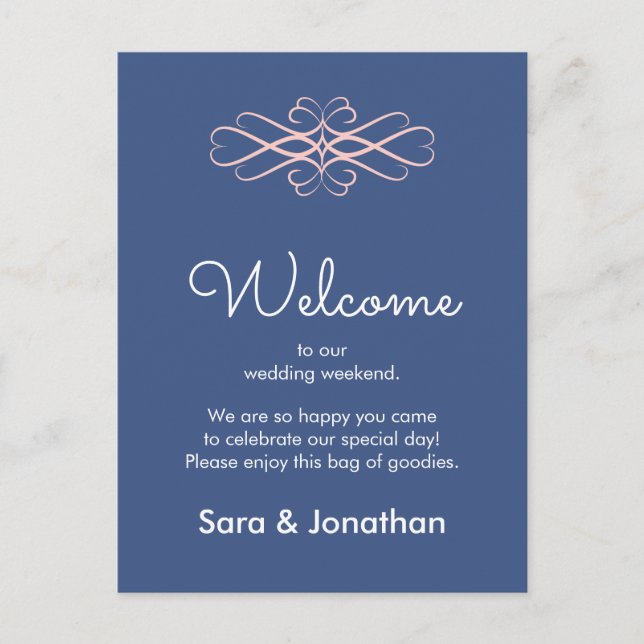 Welcome to Our Wedding Pink and Dark Blue Postcard (Front)